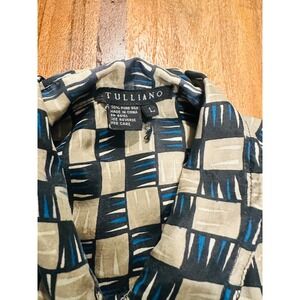 Tulliano Silk Button Down Mens Large Blue Tan Black Good Geometric Short Sleeve